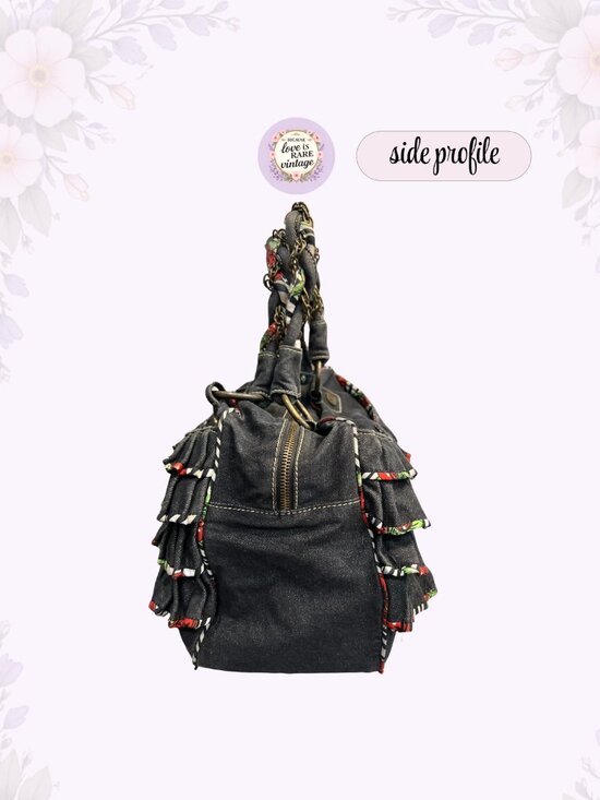 Y2K Betseyville Denim Ruffle Satchel • Betsey Johnson Cherry Charm Handbag - Picture 6 of 13